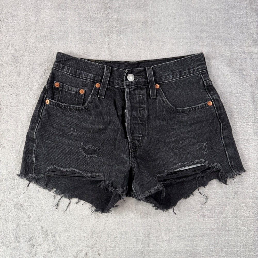Levis Shorts Women 24 Black 501 Original Cut Off Distressed Denim High Rise